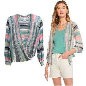 NIC+ZOE Petite Large Summer 4-Way Cardigan Striped Linen Blend Pastel Knit Top